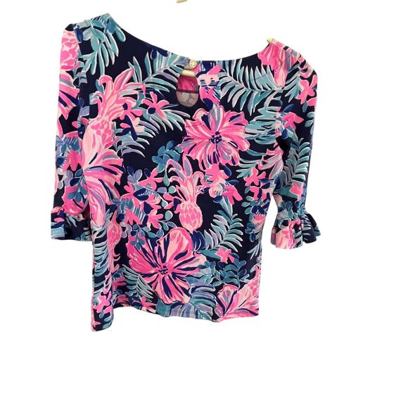 Lilly Pulitzer XS  Women Cotton Top Tee Floral Keyhole 3/4 Sleeve Preppy Resort - Picture 5 of 5